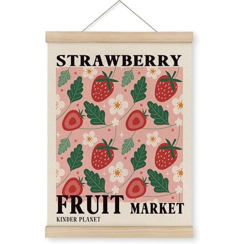 MAQIKA Fruit Market Strawberry Poster Framed with Wood Hanger, Strawberry Wall Decor, Funky Fruit Hanging Wall Decor, Modern Pink Canvas Wall Art for Kitchen Kids Bathroom Girl Room 12x16 Inch