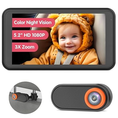 LUCKVIEW BM2 Car Camera for Baby, 5.2" 1080P Screen with 3X Zoom, Clear Rear-Facing View, 360° Rotating Lens, Easy Installation – Safety for Infants and Pets