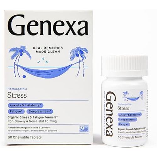 Genexa Stress for Adults | Anxiety Relief & Fatigue Remedy | Soothing Natural Vanilla & Lavender Flavor | Gluten Free & Non-GMO | Homeopathic Remedy Made Clean | 60 Chewable Tablets