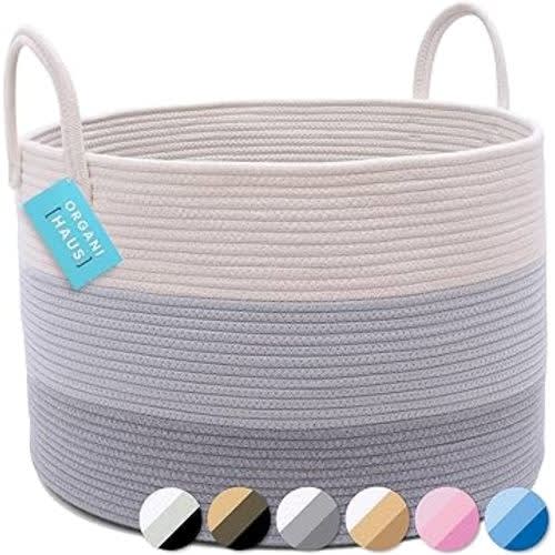 OrganiHaus Gray Extra Large Storage Basket for Blankets 20x13 | Decorative Cute Laundry Hamper Basket for Clothes | Cotton Rope Basket for Blankets | Farmhouse Nursery Laundry Basket & Towel Hamper