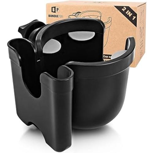 Universal Stroller Cup Holder with Mobile Phone Case, 2-in-1 Strollers Storage Rack, 360 Degrees Rotation Drink Holder for Bike, Pushchair, Wheelchair, Walker,Bicycle, Fits Most Cups