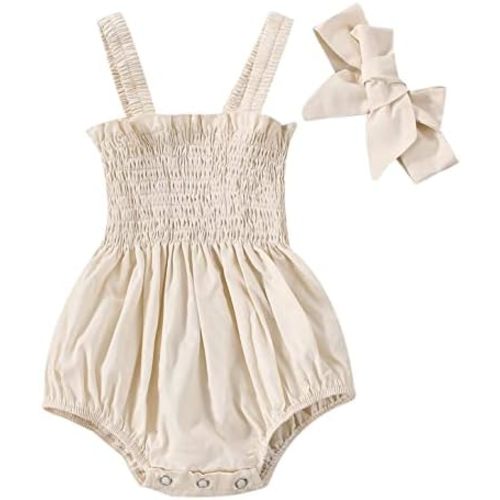 MERSARIPHY Newborn Baby Girl Summer Clothes Cotton Linen Bodysuit Romper Floral Pleated Tops with Headband