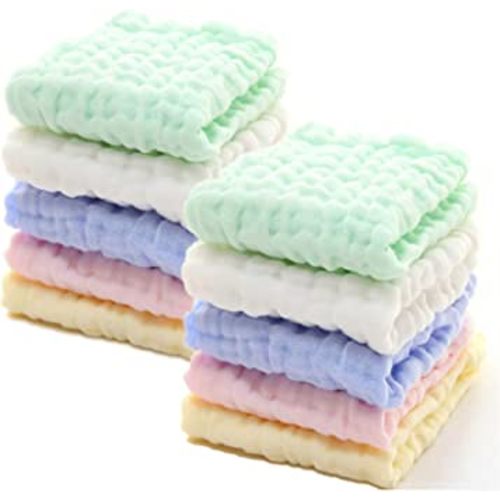 Baby Muslin Washcloths - Natural Muslin Cotton Baby Wipes - Soft Newborn Baby Face Towel for Sensitive Skin- Baby Registry as Shower, 10 Pack 12x12 inches by MUKIN (Multicolored)
