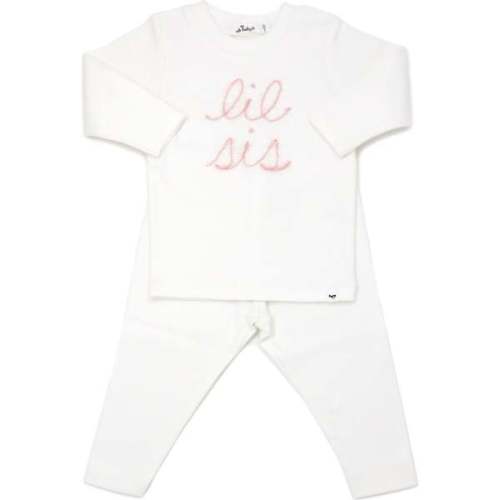 "lil sis" Pink Sparkle Embroidered Two Piece Set, Cream - Oh Baby! | Maisonette