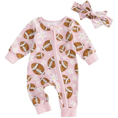 2Pcs Baby Girl Football Outfits Long Sleeve Flower Print Jumpsuit Romper with Headband Set Infant Clothes