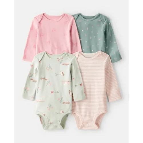 Baby Girl 4-Pack Owl Print Cotton Long-Sleeve Multipack Bodysuits - Green/Pink/White - Carter's | Carter's