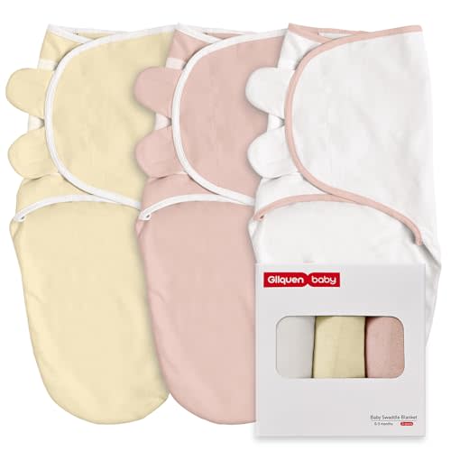 GLLQUEN BABY Swaddle Blankets for Baby Girl & Boy, Easy Adjustable Sleep Sack, Newborn Swaddles for 0-3 Months, Baby Sleep Sack, Pink & Yellow Tone, Swaddling Blankets 3 Pack Wrap Set