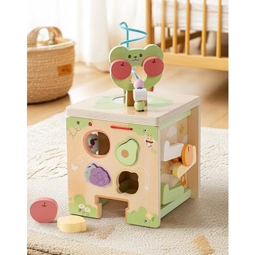 ROBUD Wooden Activity Cube, Baby Activity Cube for 1 Year Old, Montessori Activity Cube with 9 Gams in 1 Toy, Educational Toys of Bear Orchard Busy Cube, JM52