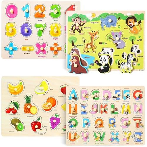 GRINNNIE Wooden Peg Puzzle for Toddlers 2 3 4 Years Old, 4 PCS Montessori Educational Learning Puzzles Set-Numbers, Letters, Animals and Fruits, Great Preschool Gifts for Girls and Boys