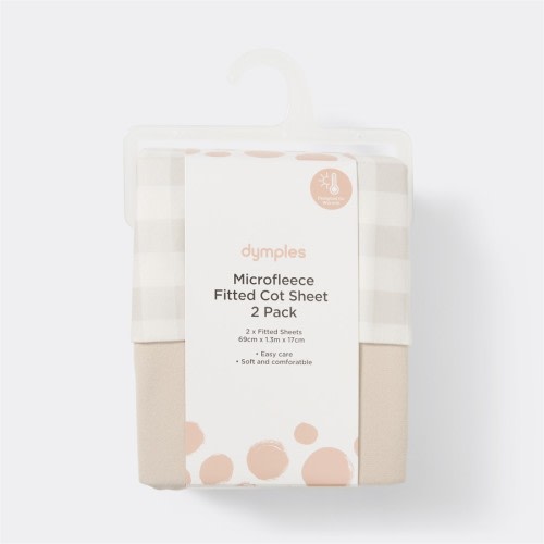 Dymples Fleece Fitted Cot Sheet 2 Pack - Natural Gingham