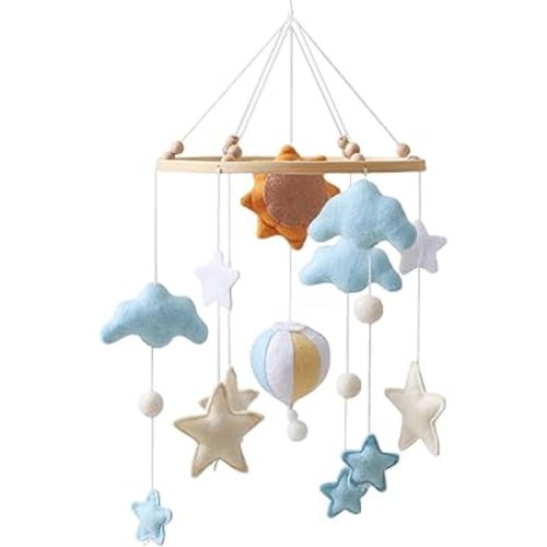 Baby Crib Mobile - Felt Stars Clouds Sun Moon Blue Mobile for Crib for Boys and Girls, Baby Bassinet Mobile Toy - for Infant Bedroom Hanging Decoration