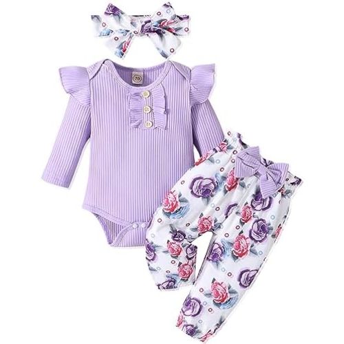 Baby Girl Clothes Newborn Infant Outfits Ruffle Romper+ Floral Pants + Cute Headband Sets for Girls