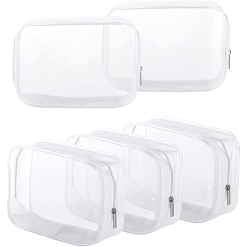 5 Pack Clear Plastic Zippered Toiletry Carry Pouch TSA Approved Toiletry Bag Portable Cosmetic Makeup Bag for Vacation, Bathroom and Organizing (White, Small)