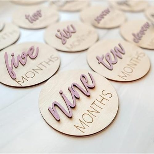 Baby Monthly Milestone Markers Disc, Wooden 3D Milestone Cards for Photos, Baby Announcement Sign, 1-12 Months, wooden baby milestone sign (Blush)