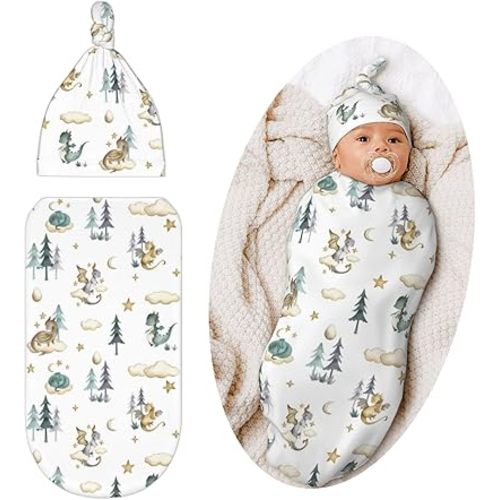 Dragon Swaddle Blanket with Hat for Baby, Swaddling Sleeping Sacks, Dragon Theme Baby Items Stuff, Shower Gifts for Boys Girls