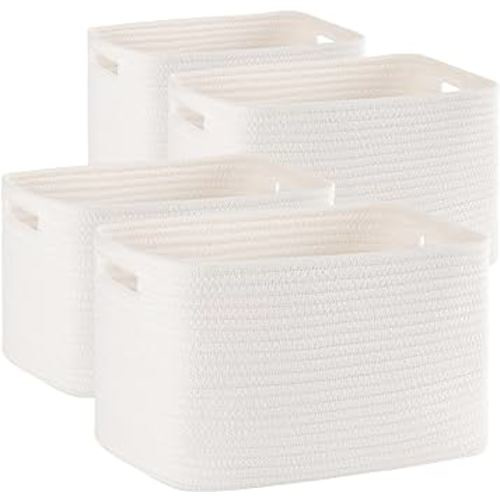 4 Pack Storage Baskets for Organizing Toys, Towels, and Clothes, Woven Basket for Shelves, Sturdy Nursery Cube Bins for Storage, 13''L x9''W x7.8''H, White