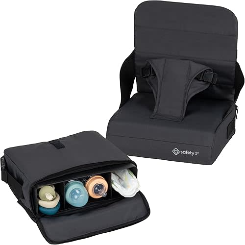 Safety 1st Feed 'N Fold Travel Feeding Booster - Lightweight, Compact & Portable With Carry Strap, Ample Storage & Secure Harness for Baby and Toddler Mealtimes - Mineral Graphite