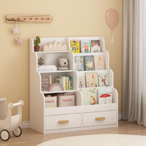 ORRD Kids Bookshelf with 2 Drawers & Front-Facing Display, Wooden Toy Organizer and Bookcase for Nursery, Playroom, Toddler Bedroom Storage in White