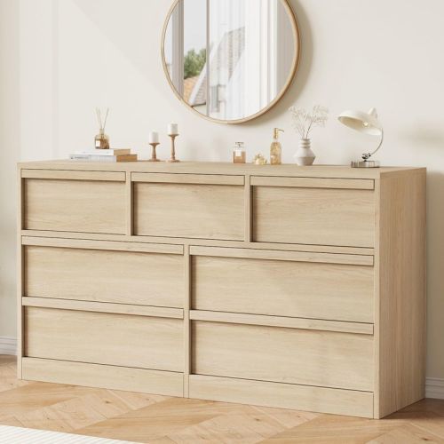 Garvee Modern Double Dresser Organizer with 7 Drawers Large Storage, Wooden Chest of Drawers for Living Room, Bedroom, Nursery, Hallway - Natural Wood