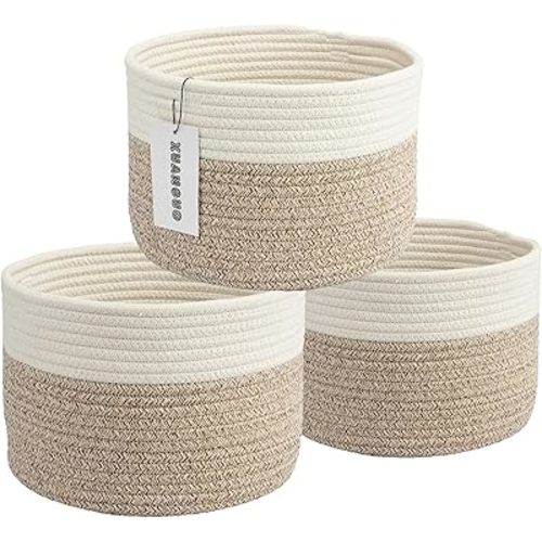 Woven Cotton Storage Baskets - 3-Pack Round Bins (10x10x7'') for Shelves, Closets & Bookcases | Durable Rope Organizers for Nursery, Baby, Toys, Easter & More white and brown