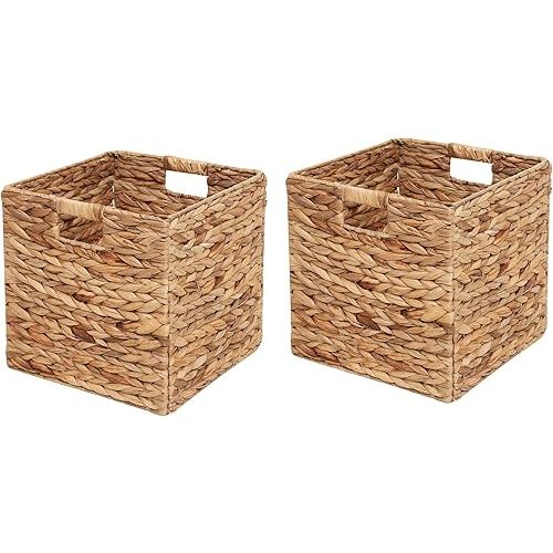 Wicker Storage Basket Water Hyacinth Woven Basket Wicker Storage Cubes,Foldable Baskets for Shelves,Handwoven Laundry Totes for Bedroom,12x12x12inch,Set of 2