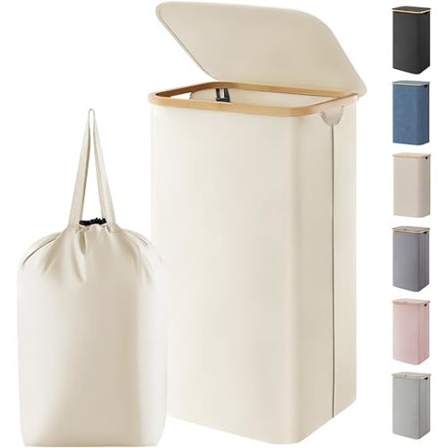White Lifewit 100L Laundry Basket with Lid, Clothes Hampers for Laundry with Bamboo Handles and 1 Removable Bag, Large Foldable Laundry Hamper for Bedroom, Bathroom, Dorm, Laundry Room, White