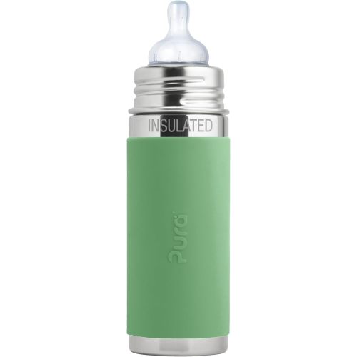 Pura Kiki 7oz/200ml Stainless Steel Insulated Anti-Colic Infant Bottle w/Silicone Medium-Flow Nipple & Sleeve, 100% Plastic-Free, MadeSafe Certified, for Kids, Toddlers, Babies & Infant - Moss