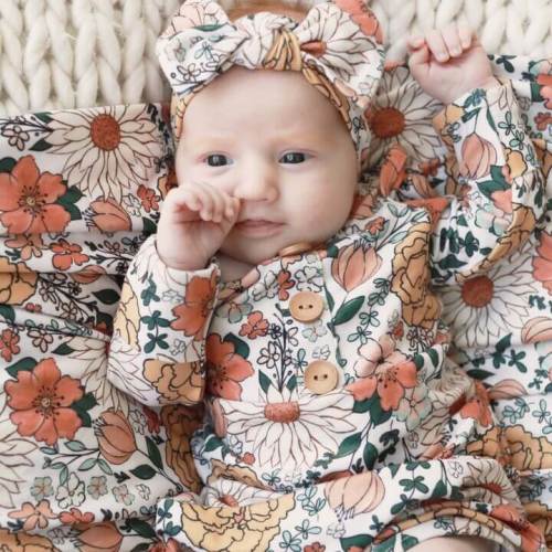 Stevie's Sunset Floral Newborn Baby Knot Gown & Hat Set