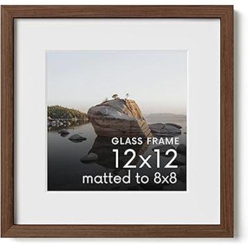 Haus and Hues 12x12 Picture Frame with Real Glass & Walnut American Oak Matted to 8x8 - Oak 12x12 Frame With Mat - Includes Vertical & Horizontal Hang - Ideal for Home, Room, Office (12x12 in, Walnut)