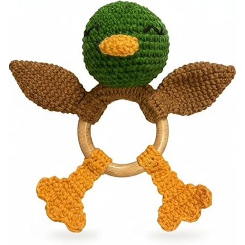 Wooden Baby Rattle for Boys and Girls, Crochet Stuffed Animal for Newborn, 3 4 5 6 Month Toys, Mallard Duck