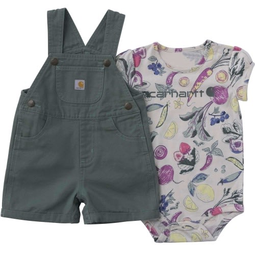 Girls' 2-Piece Short Sleeve Veggie Print Bodysuit & Canvas Shortall Set (Baby)