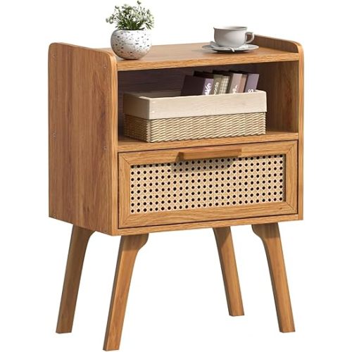 Lerliuo Rattan Nightstand, Side Table with Drawer Open Shelf, Cane Accent Bedside End Table with Solid Wood Legs, Mid Century Modern Night Stand for Bedroom, Dorm and Small Spaces (Tea Brown)