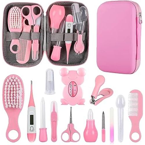 Baby Grooming Kit, Infant Safety Care Set with Hair Brush Comb Nail Clipper Nasal Aspirator,Baby Essentials Kit for Newborn Girls Boys (Pink Baby Grooming kit)