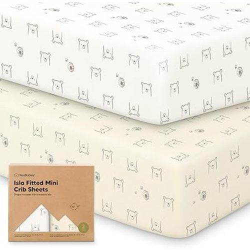 Pack and Play Sheets Fitted - 2-Pack Mini Crib Sheets for Pack N Play Mattress 38x26, Soft & Cozy, Neutral Toddler Playard Bedding, Snug Fitted Mini Baby Crib Mattress Cover Boy, Girl (Bumble Bear)