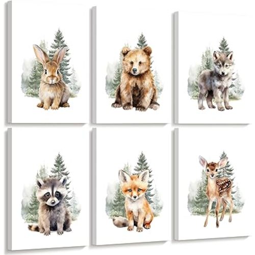 Joocrise Woodland Animal Nursery Wall Art Decor Set of 6 Baby Boys Room Wall Art Forest Animal Canvas Wall Decor Kids Art Prints Watercolor Bear Deer Fox Pictures Artwork for Bedroom 8x10 Inch Framed
