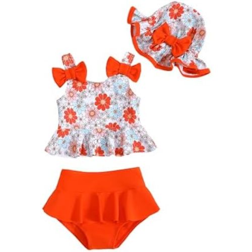 Mioglrie Baby Infant Swimsuit Girl Toddler Bathing Suit Girl Summer Beach Bikini Tankini Swimwear Hat 3-24 Months 2t-5t