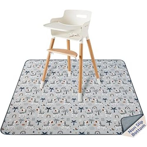 Blissful Diary Baby Splat Mat for Under High Chair, 50.4 x 50.4 Inch Wipeable Splash Mat, Waterproof and Washable, Anti-Slip Floor Protector, Gray Zebra
