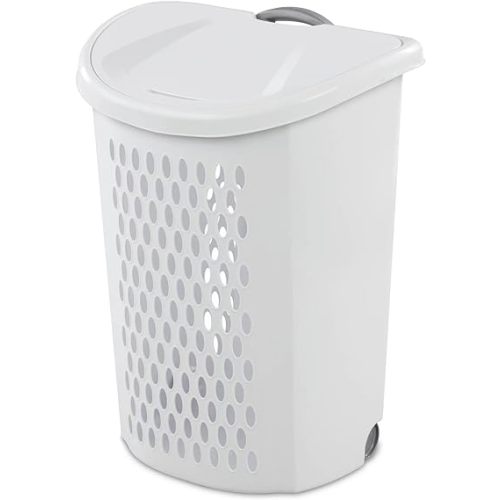 Ultra Wheeled Design Clothes Laundry Basket, Mind Reader Basket Collection,135 Liter (20 1/8" x 15 3/8" x 26 3/4")Capacity, Laundry Hamper White Lid & Base w/Plastic Handle & Wheels