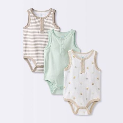 Baby 3pk Sleeveless Henley Bodysuit - Cloud Island™ Mint Green 0-3M: Cotton, Snail & Stripe Pattern
