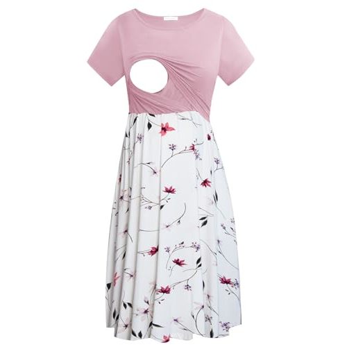 Smallshow Women's Short Sleeve Patchwork Nursing Dresses for Breastfeeding