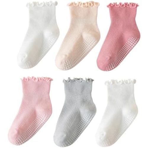 6 Pairs Toddler Ruffle Socks for Girls - Baby Grip Socks with Non-Slip, Cute Grippy Frilly Design