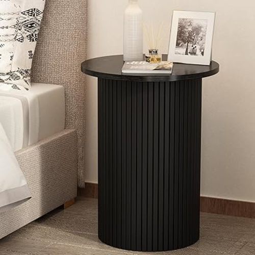 Wnutrees Round Fluted End Table, Small Accent Pedestal Side Table, Wood Fluted Nightstand Bedside Table for Living Room, Handcrafted Finish, Black