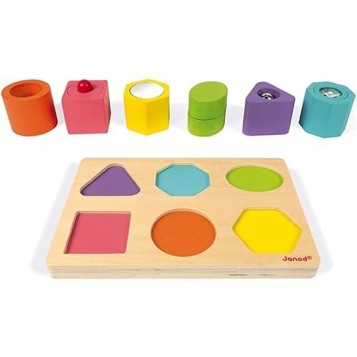 Janod I Wood – Shapes and Sounds 6 Block Puzzle – Ages 12 Months+ - J05332