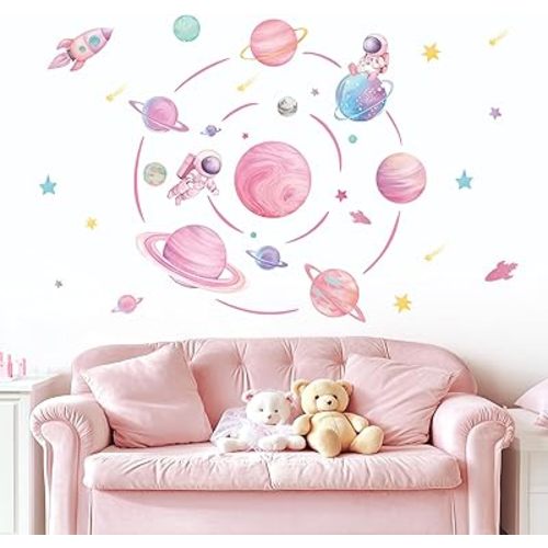 Pastel Pink Planet Orbits Wall Decals, Fantasy Outer Space Themed Wall Stickers with Rocket Astronaut and Stars for Kid's Bedroom, Nursery, Playoom, Peel and Stick Reusable