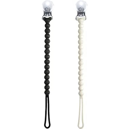RaZbaby Silicone Pacifier Holder 2 Pack, RaZzies Durable Textured Lanyard Fits Most Pacis Toys, 100% Soft BPA-Free Silicone, Attachable Clasp, Universal Fit, Lightweight – Black/White