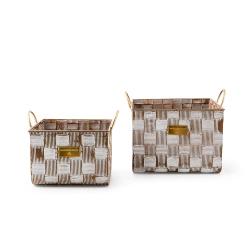 MACKENZIE-CHILDS Set of 2 Textured Check Baskets, Metal Baskets for Decor, Brown-and-White Mocha Check