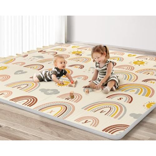 Blissful Diary Baby Play Mat, Large 78 x 70 Baby Mat for Floor, Soft Foam Play Mat, Foldable Playmat for Babies Toddlers Infants, Reversible Baby Crawling Mat for Indoor & Outdoor (Rainbow Pattern)