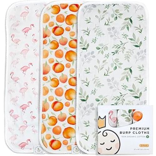 Burp Cloths 100% Organic Cotton – 3 Pack Large 21''x10'' – Ultra-Soft and Absorbent – Double Layered Baby Washcloths – Baby Girl Newborn Essentials (Eucalyptus, Peaches and Flamingos)