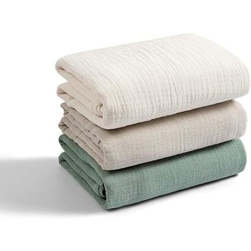 Meracorallo Muslin Swaddle Blanket, 100% Organic Cotton Receiving Blanket Soft and Breathable Swaddle Wrap for Baby Boys and Girls, 3 Pack, Roman Green+Beige+Cream