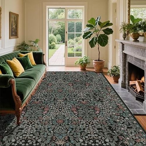 6x9 Washable Area Rugs for Living Room, Stain Resistant Vintage Rugs for Dining Room Under Kitchen Table, Bedroom, Floral Low Pile Non-Slip Large Carpet (6 x 9 Dark Green)
